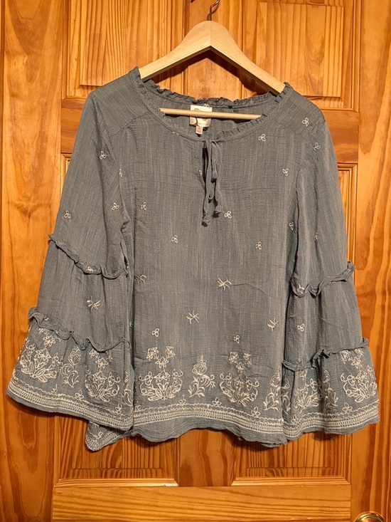 fig and flower Tops - Fig and Flower Slate Blue Embroidered Ruffle-Sleeve Blouse